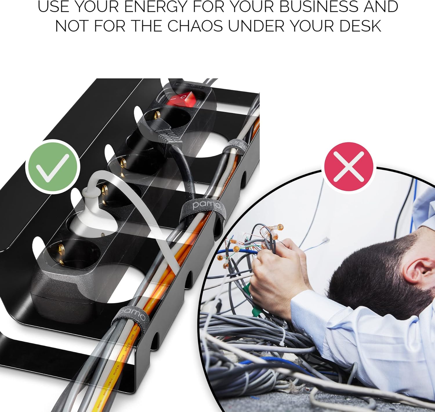 PAMO Cable Management Under Desk for Easy mounting Under-Table I Set of 2 - with 10X Cable Ties I Desk Organizer for Office/Home Office Table Thoughtful Cable Tray Holder - Image 5