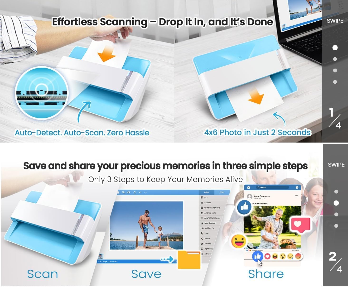 Plustek Photo Scanner ePhoto Z300, Scans 4×6 inch Photos in 2 Seconds, Auto crop and deskew with CCD Sensor, Supports Mac and PC