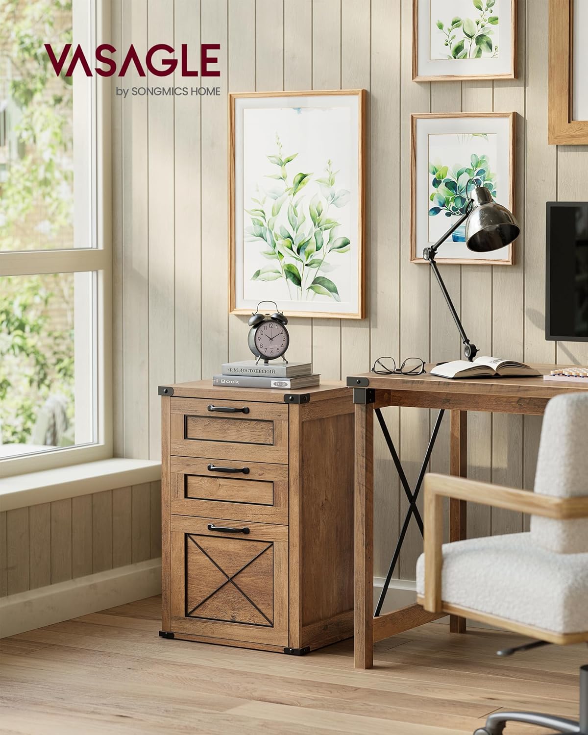 VASAGLE File Cabinet, Filing Cabinet with 3 Drawers, Printer Stand, Fit A4, Letter Size, Hanging File Folders, Modern Farmhouse Style, for Home Office, Honey Brown UOFC054T41